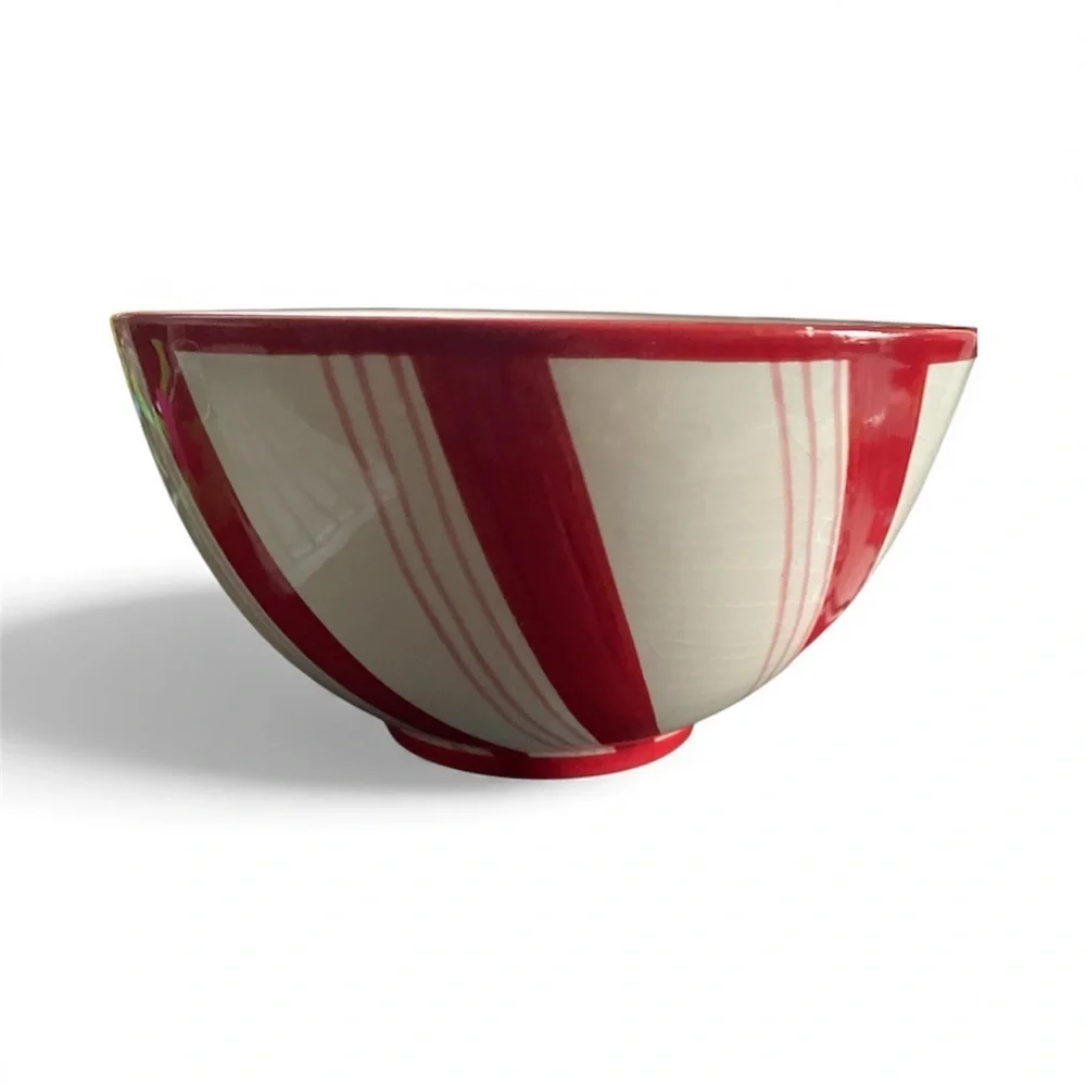 Christmas Peppermint Swirl Stripe Polka Dot Ceramic Red and White Nesting Bowls